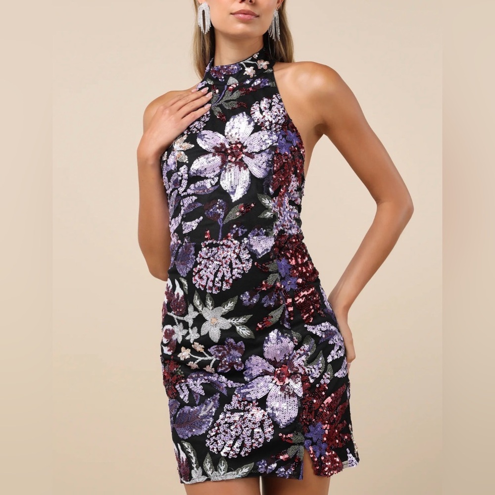 NWT Gorgeous Shine Black Multi Floral Sequin Backless Mini Dress